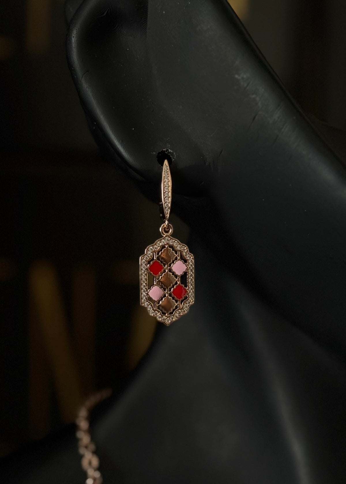 Sautoir Nid d'abeille OR ROSE & ROUGE + boucles