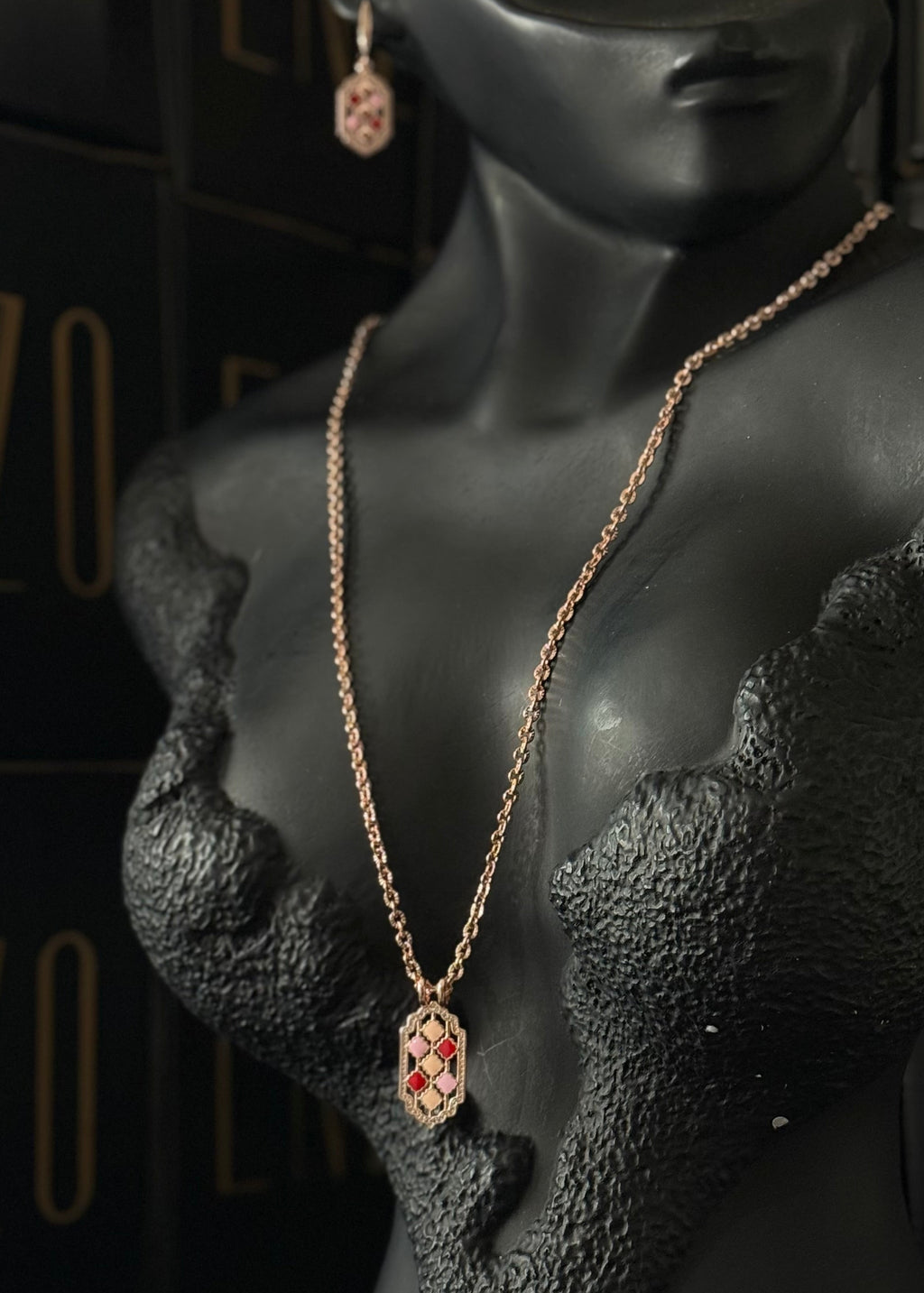 Sautoir Nid d'abeille OR ROSE & ROUGE + boucles